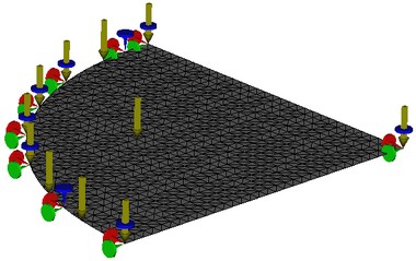 Static Analysis of a Round Plate Clamped Along the Contour, the finite element model with applied loads and restraints