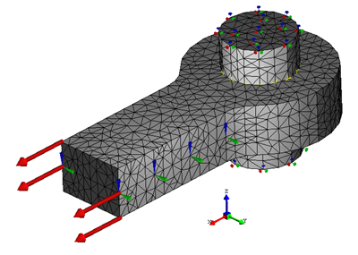 Contact Between a Cylindrical Bar and a Ring, the finite element model with applied loads and restraints