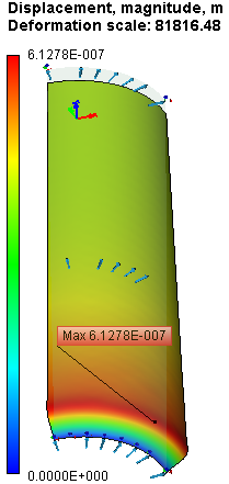 Cylindrical Reservoir with Walls of Constant Thickness, Result "Displacement, magnitude"
