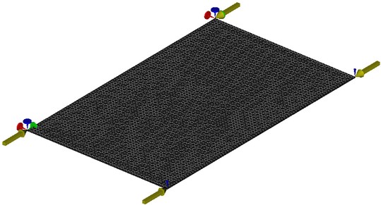 Buckling of a Square Plate, the finite element model with applied loads and restraints