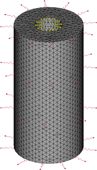 Thermal Conductivity of a Cylindrical Wall, the finite element model with applied thermal loads