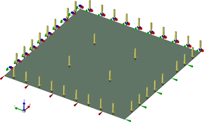 Clamped Square Plate Under a Uniformly Distributed Load, the finite element model with applied loads and restraints